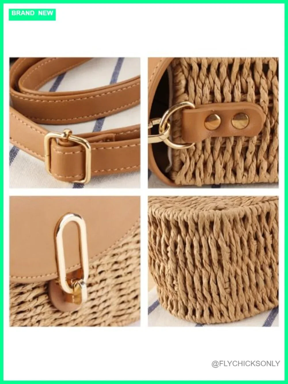 Small Natural Straw Woven Satchel Crossbody with Flap and Gold Buckle